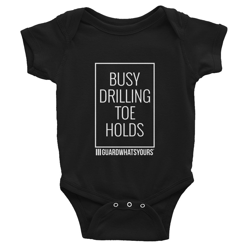 Drilling Toe Holds Infant One-piece T-Shirt for Jiu Jitsu Moms and Babies - GuardWhatsYours BJJ Heel Hooks, Leglocks, Toe Holds Baby BJJ Tee