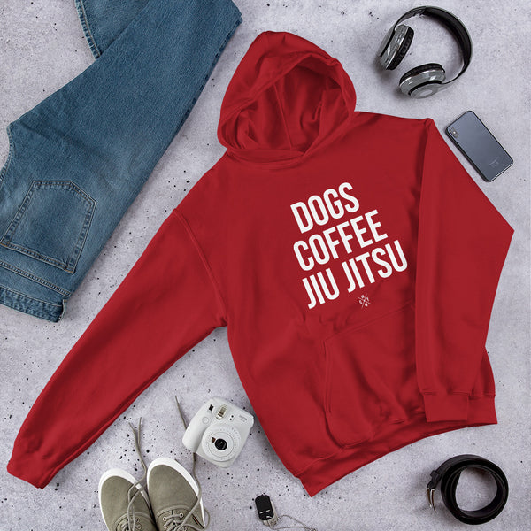 Dogs Coffee Jiu Jitsu Hoodie - The Original GuardWhatsYours - BJJ Priorities Hoodie for Dog Loving Grapplers BJJ MMA Hooded Sweatshirt