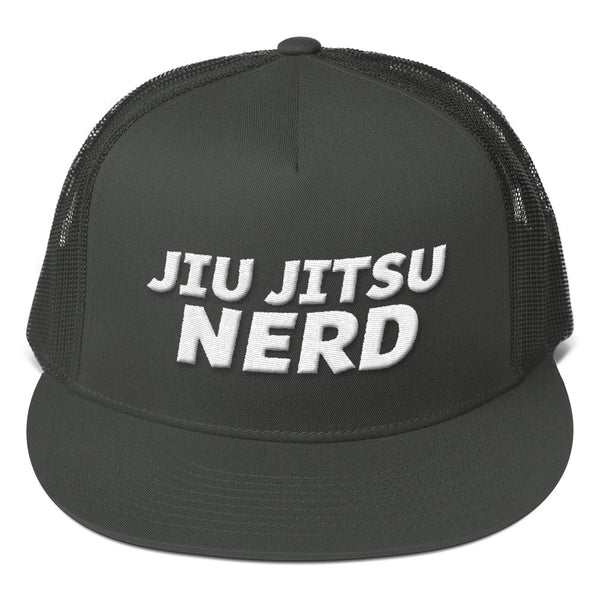 Local Jiu Jitsu Nerd White Embroidered Mesh Back Hat - GuardWhatsYours BJJ Nerd Trucker Cap