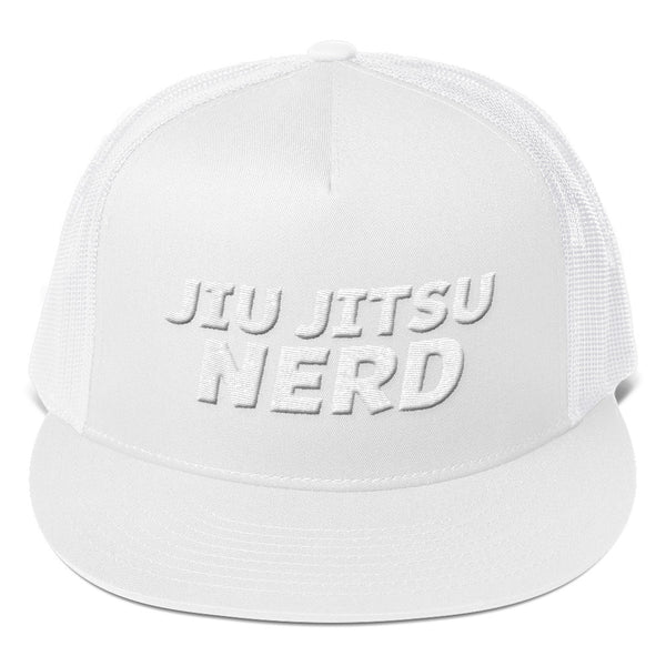 Local Jiu Jitsu Nerd White Embroidered Mesh Back Hat - GuardWhatsYours BJJ Nerd Trucker Cap