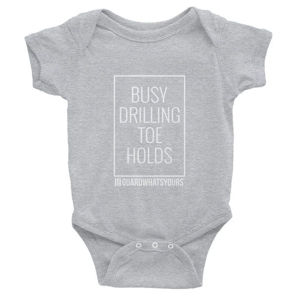 Drilling Toe Holds Infant One-piece T-Shirt for Jiu Jitsu Moms and Babies - GuardWhatsYours BJJ Heel Hooks, Leglocks, Toe Holds Baby BJJ Tee