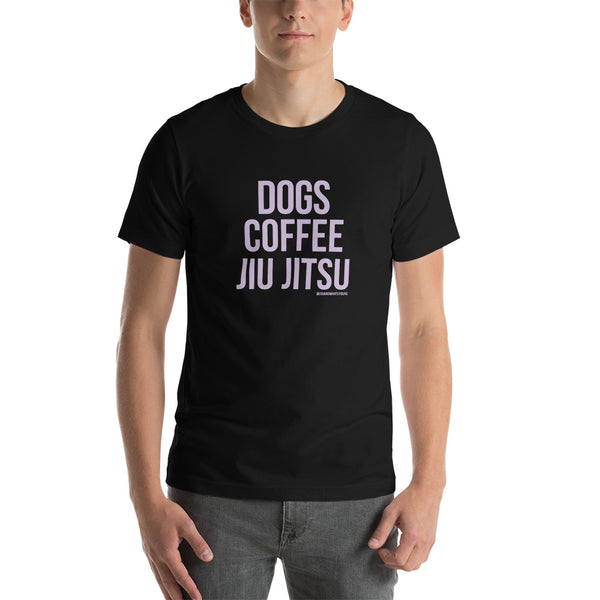 Dogs Coffee Jiu Jitsu Lavender Original GuardWhatsYours Unisex T-Shirt - Dogs Jiu-Jitsu Tees - Jiu Jitsu T-Shirt for Coffee Lovers of BJJ